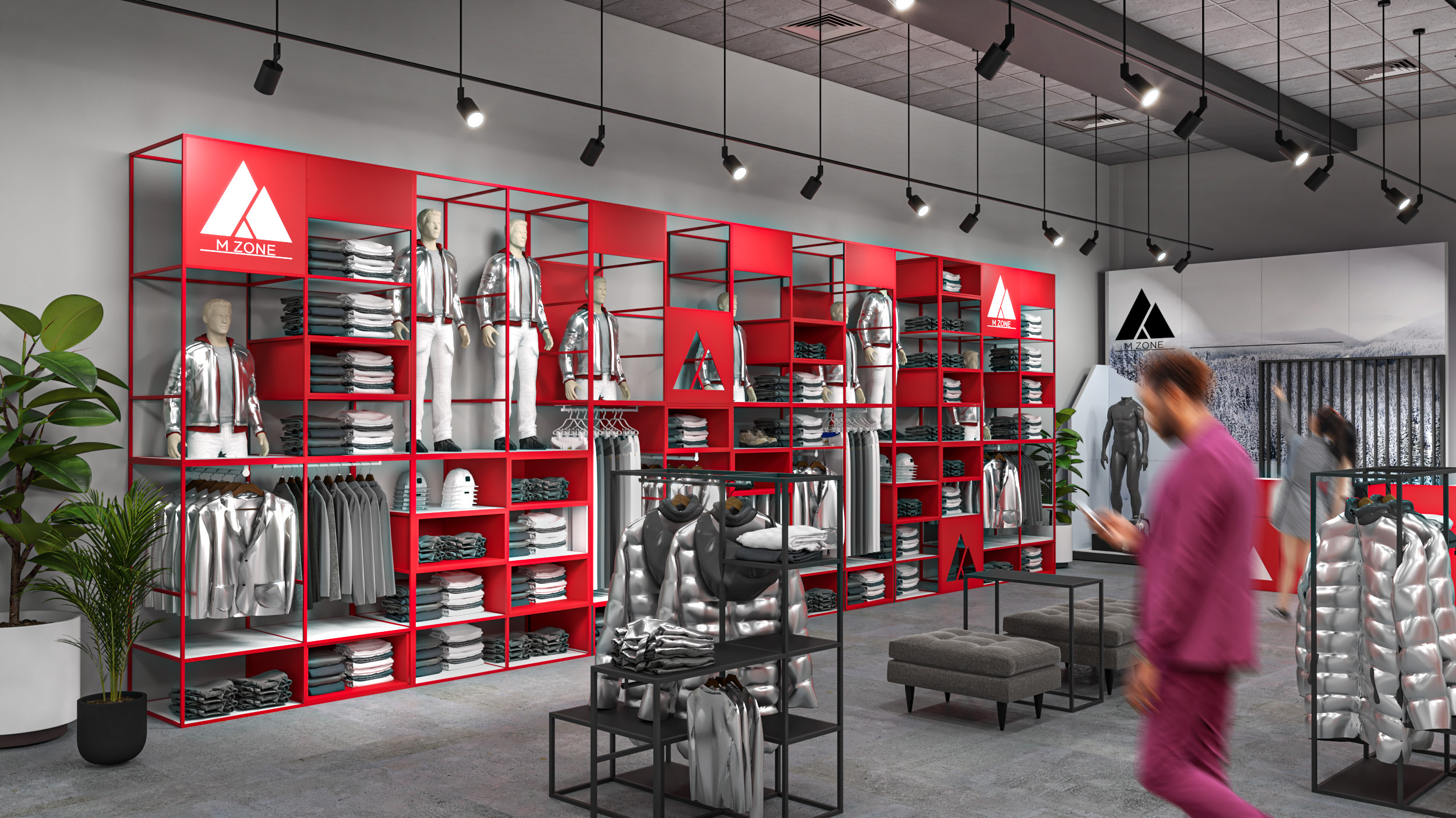 Regały sklepowe do butików i sklepów odzieżowych - meble modułowe w kolorze czerwonym z możliwością personalizacji